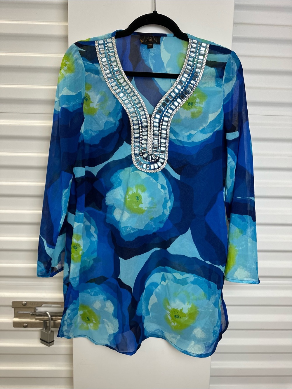 IMAN Blue Aqua Floral Beaded V-Neck Tunic